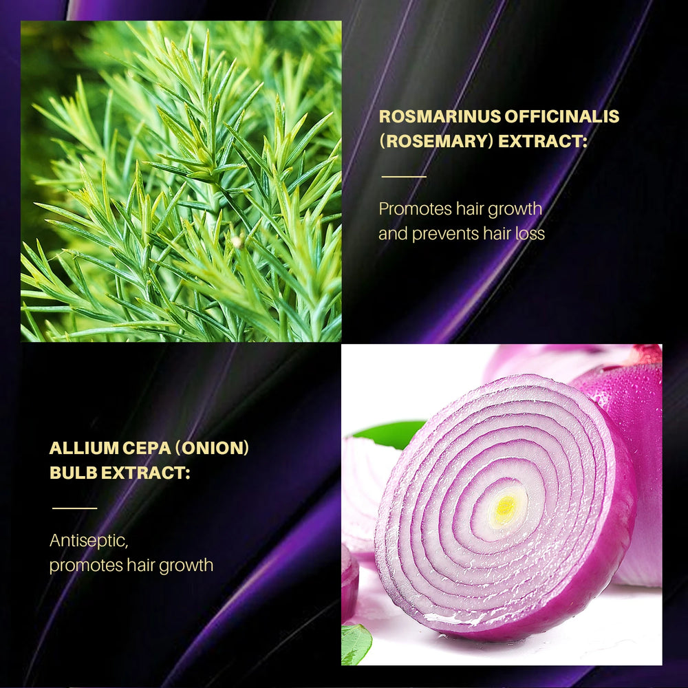Images of rosemary and onion with text about their hair growth benefits on a dark background.