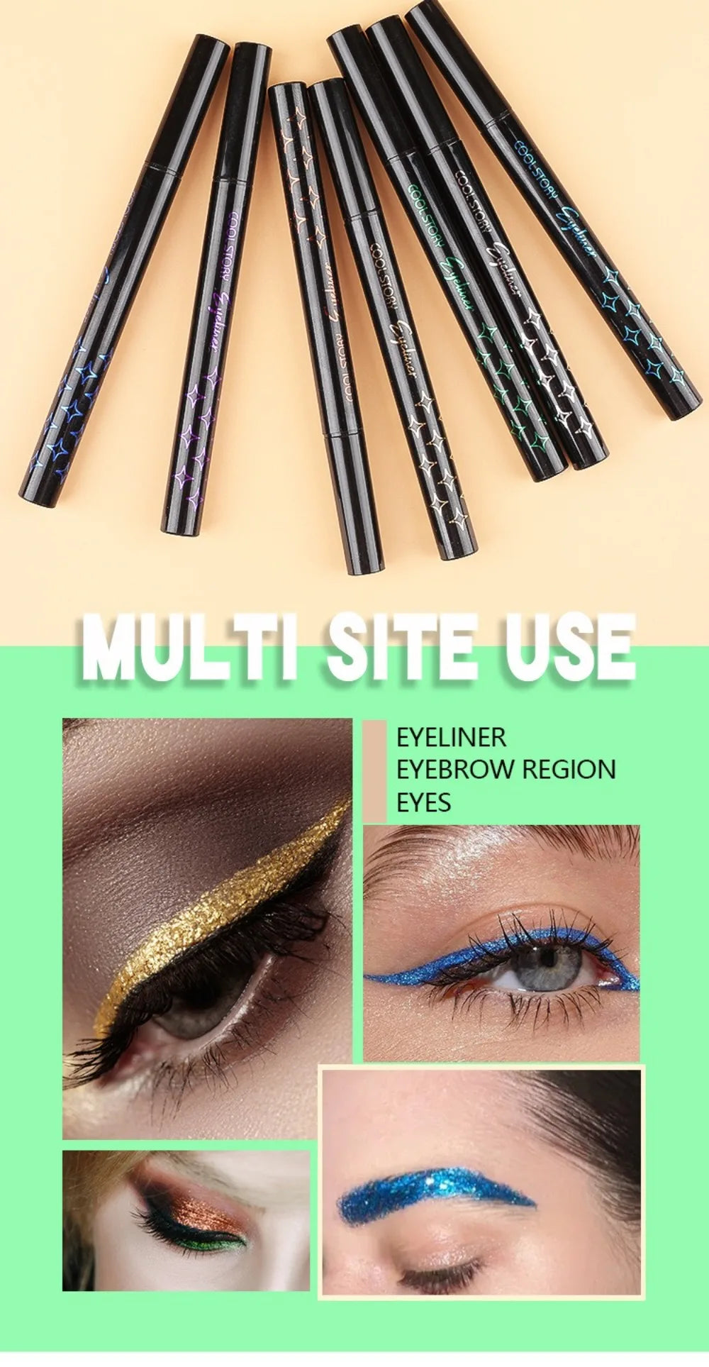 Eyeliner pencils with examples of use on eyes