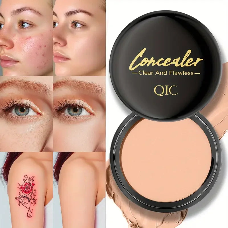Concealer compact with close-up of a person applying it on face, showing before and after effects.