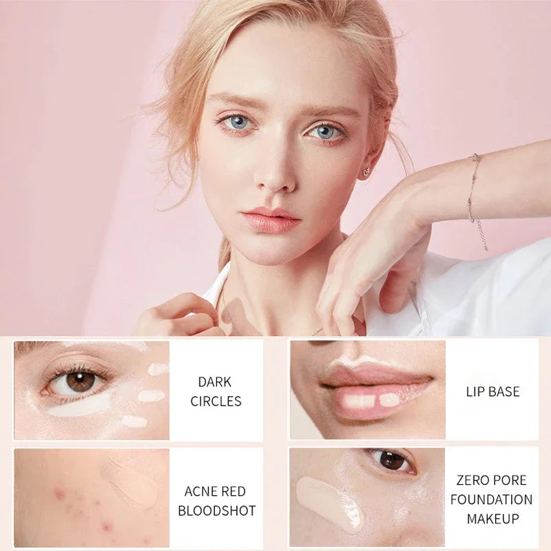 Woman applying makeup with close-up shots of product use on skin imperfections.