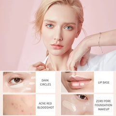 Woman applying makeup with close-up shots of product use on skin imperfections.