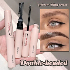 Eyebrow styling cream with double-headed design and close-up of applied brows.