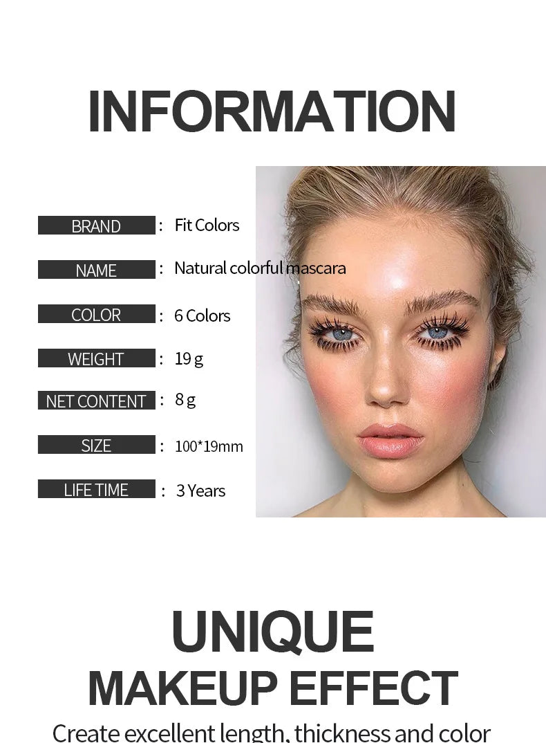 Product information card for natural colorful mascara with a model wearing the product.