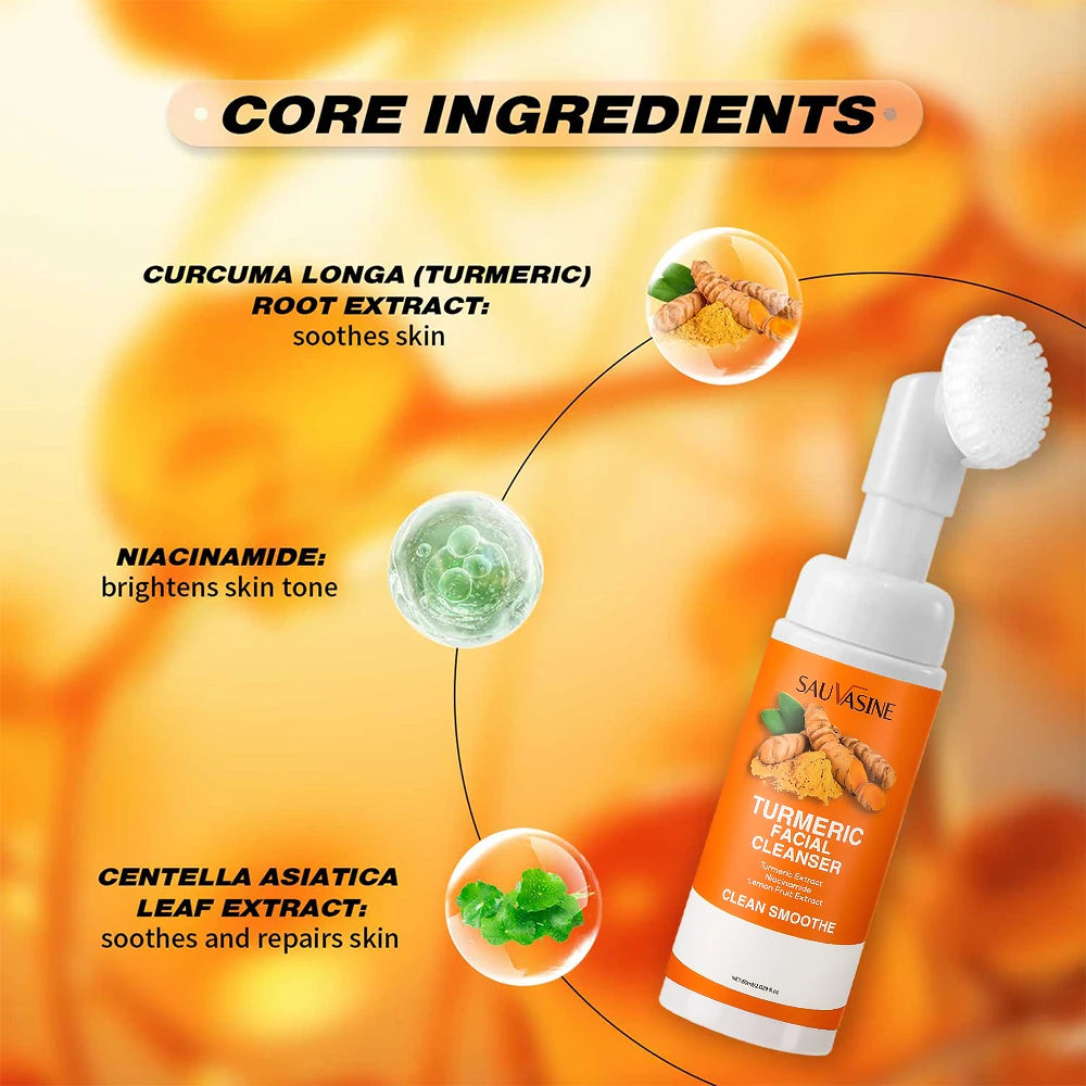 Sauvaine Turmeric Face Cleanser with core ingredients on an orange background