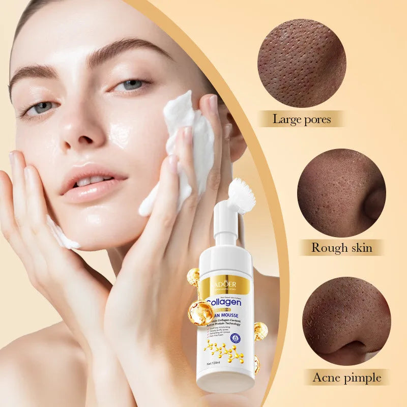 Woman applying facial cleanser with a bottle of collagen skin mousse on a beige background.