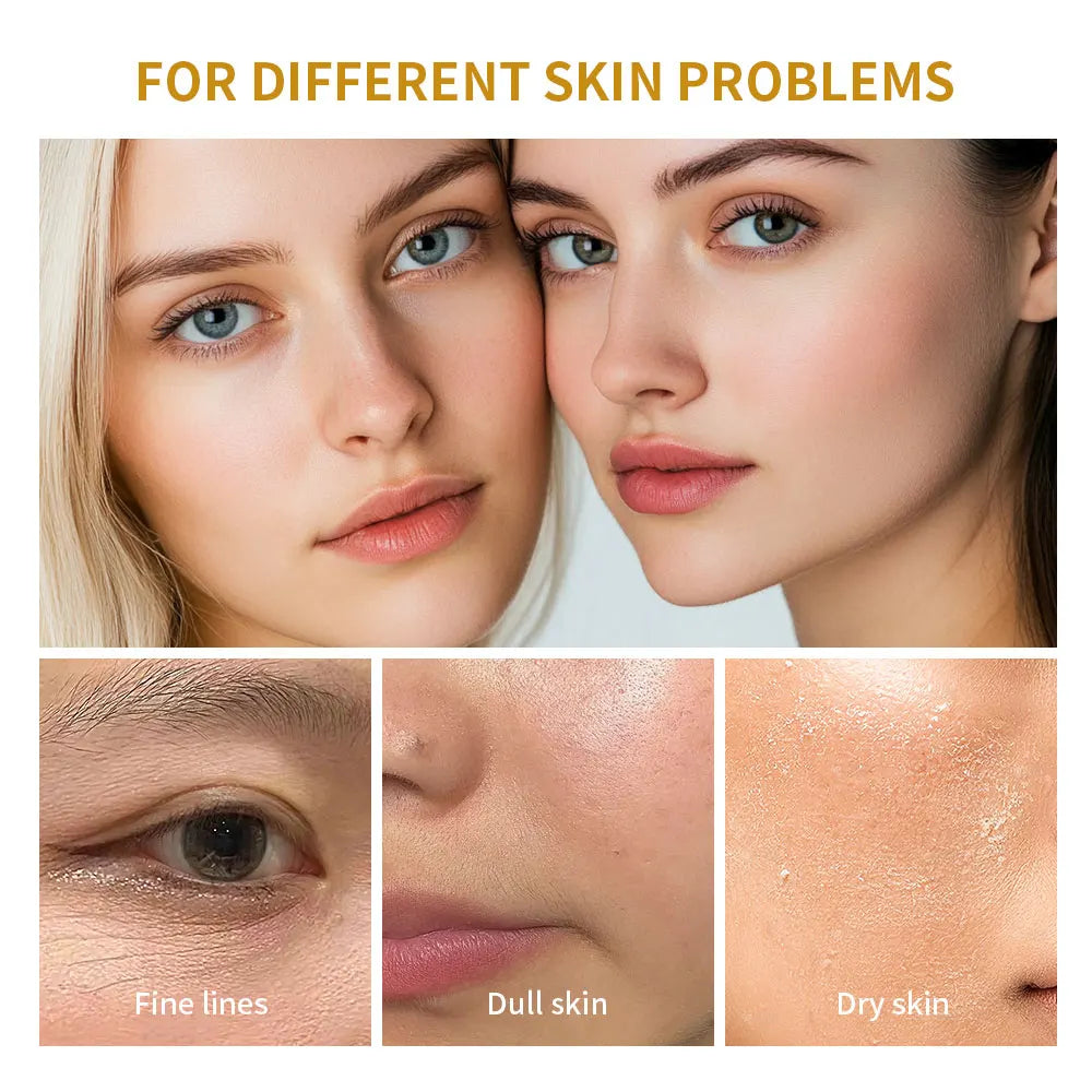 Collage of a woman's face with close-up skin details and text indicating different skin problems.
