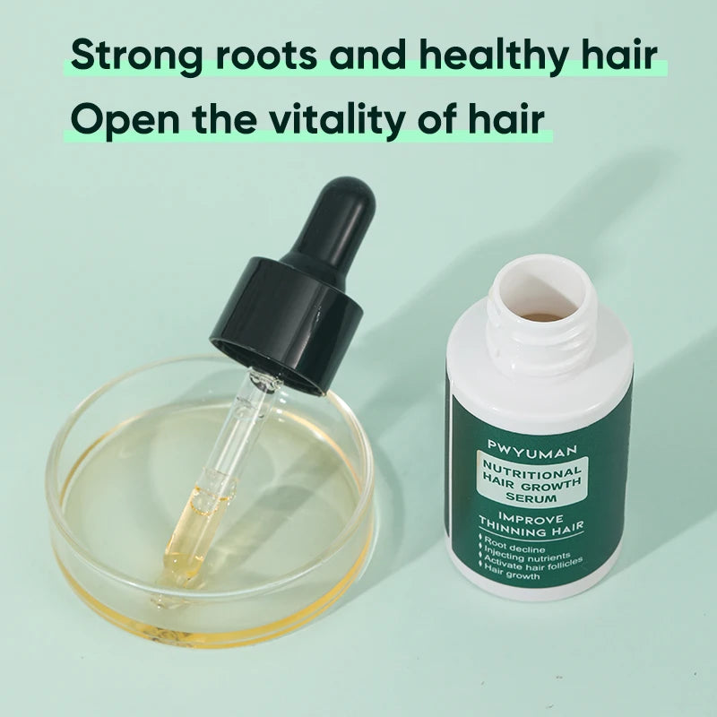 Hair growth serum with dropper and bottle on a light green background