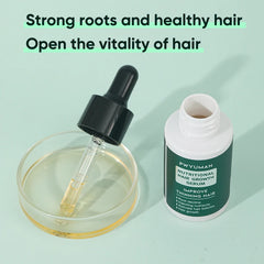 Hair growth serum with dropper and bottle on a light green background