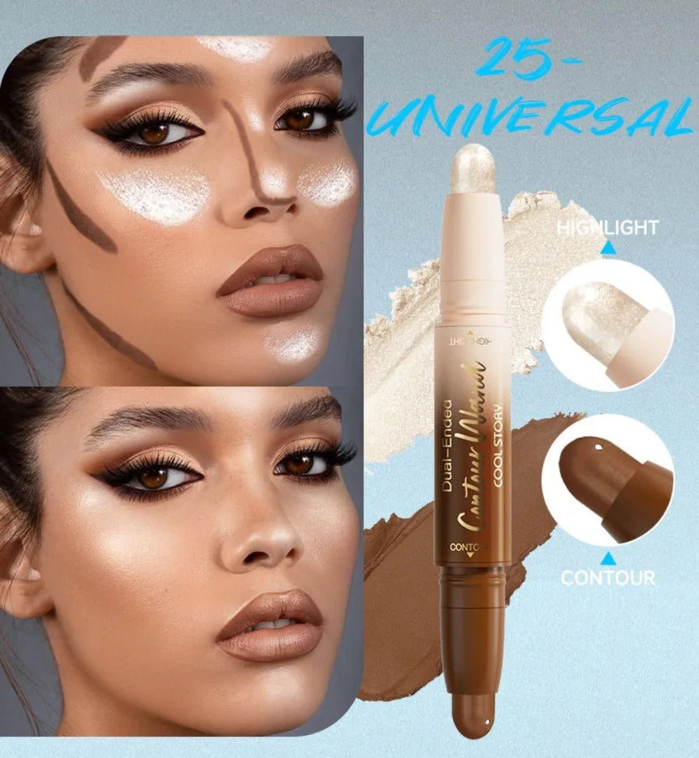 2-in-1 Double Head Highlighter & Contour Stick – Glitter Brightening Concealer Pen for Long Lasting Three-Dimensional Face Makeup