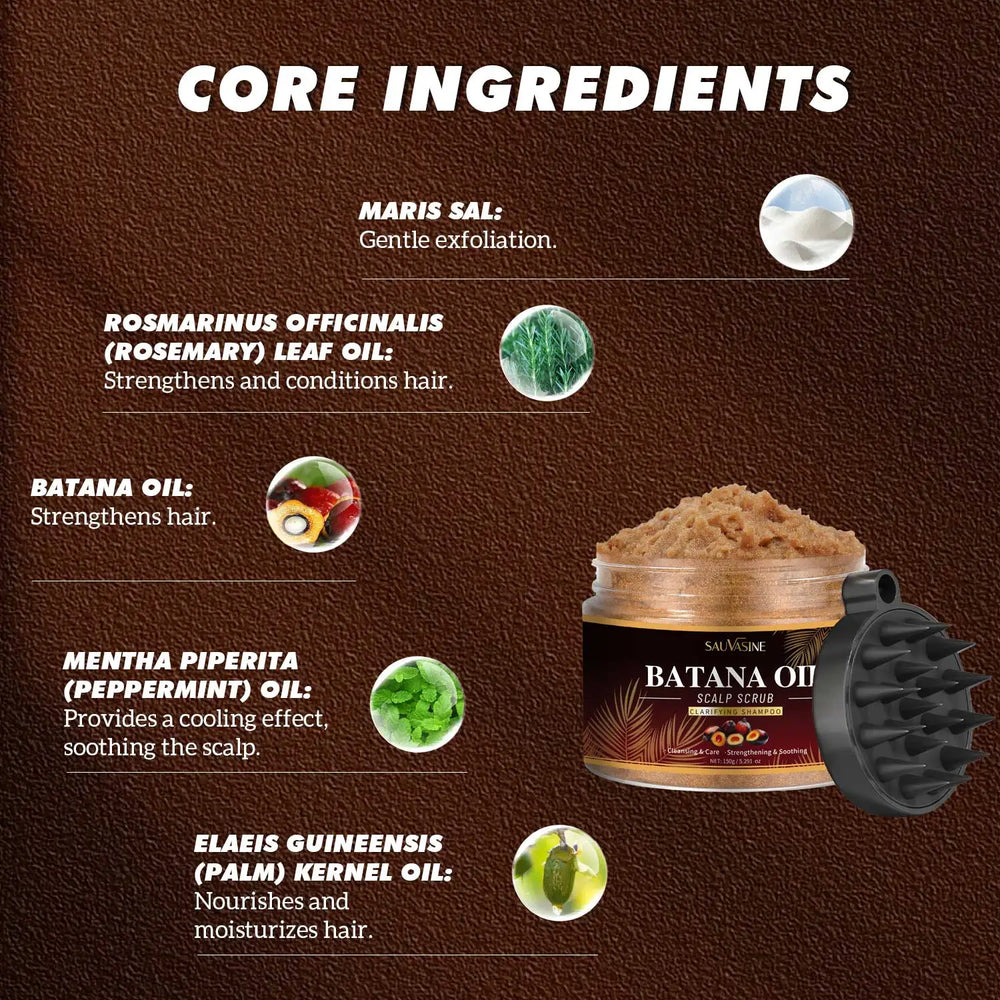 Product packaging with ingredients listed on a brown background