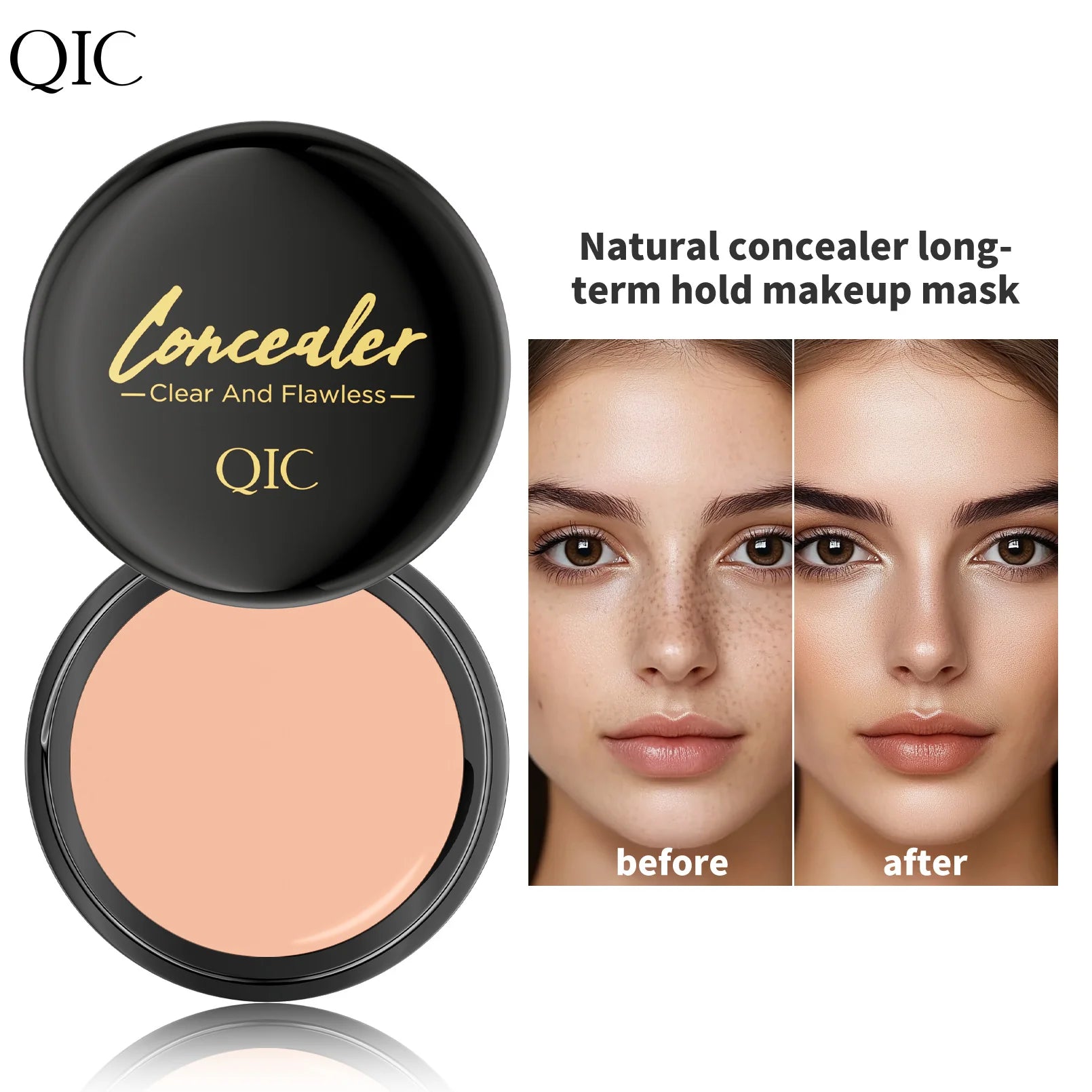 QIC concealer compact with 'before' and 'after' effect on a face