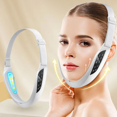 Woman wearing a facial lifting device with a beige background