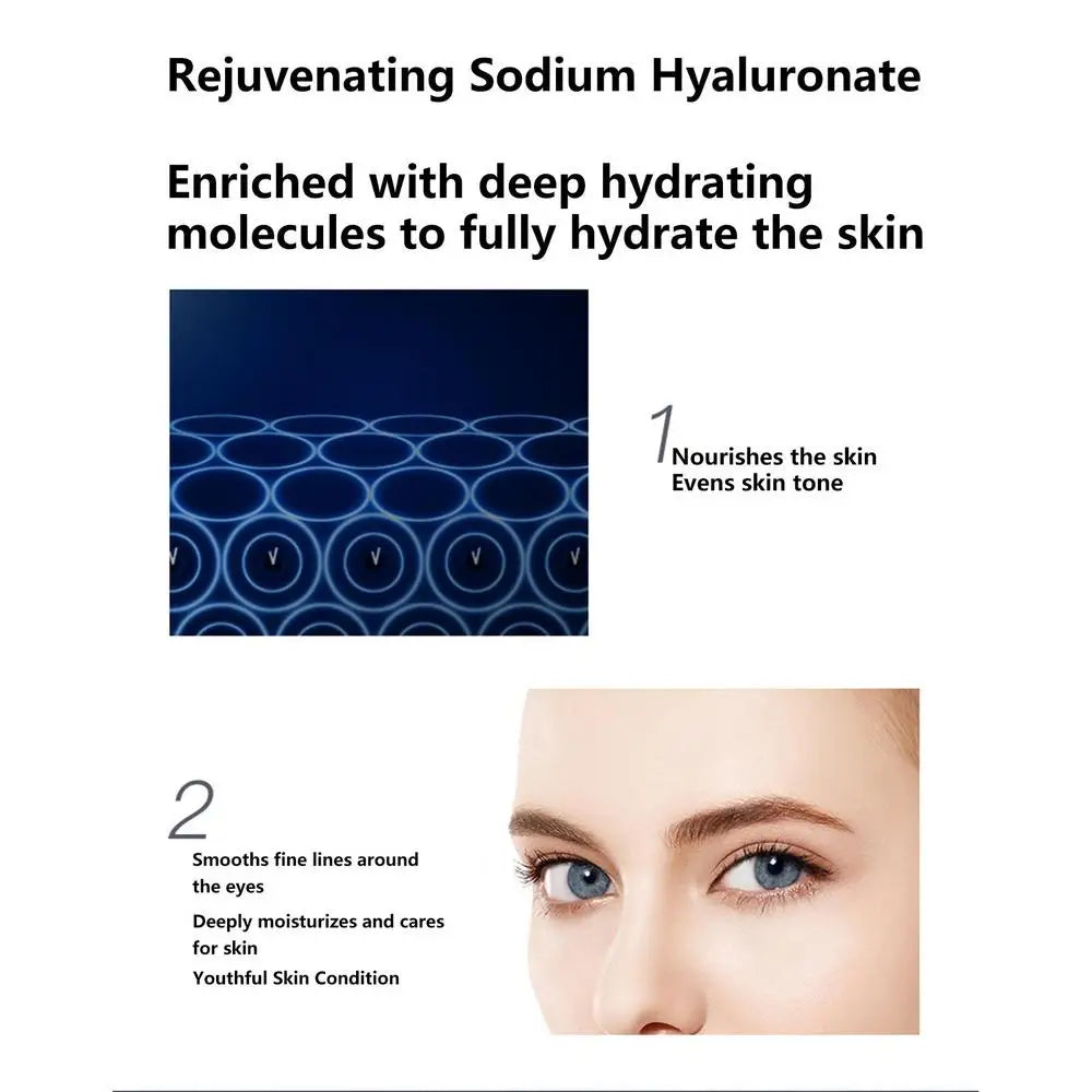 Advertisement for sodium hyaluronate skincare product with text and a close-up of skin.