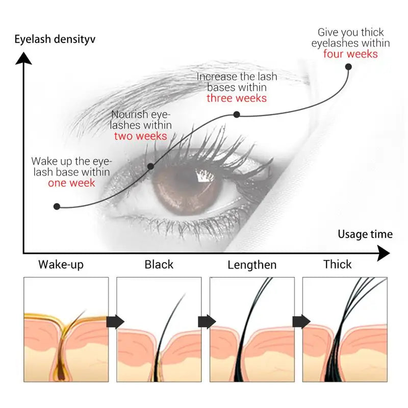 Diagram showing the effects of eyelash density product usage over time with an eye in the background.