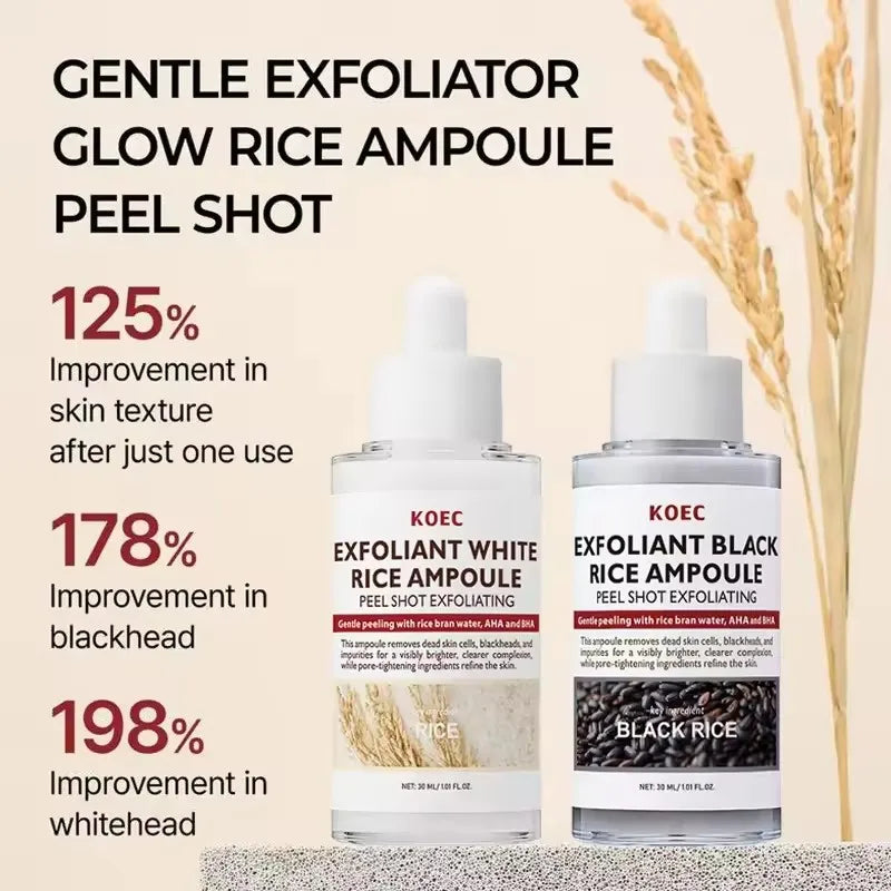 Two KOEC rice ampoule bottles with text highlighting skin improvement percentages on a beige background.