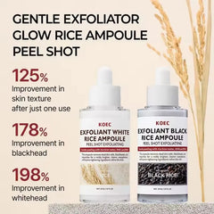 Two KOEC rice ampoule bottles with text highlighting skin improvement percentages on a beige background.
