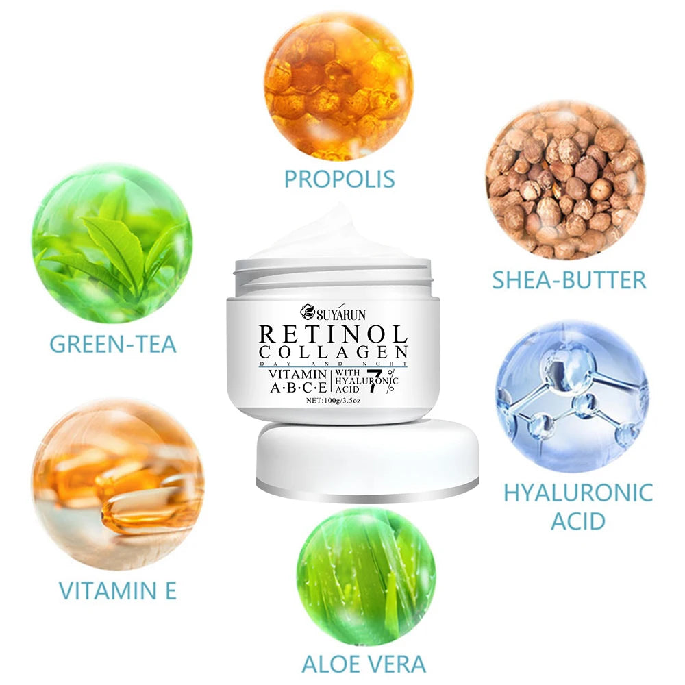 Retinol collagen cream with ingredients like propolis, shea butter, green tea, vitamin E, aloe vera, and hyaluronic acid displayed around it.