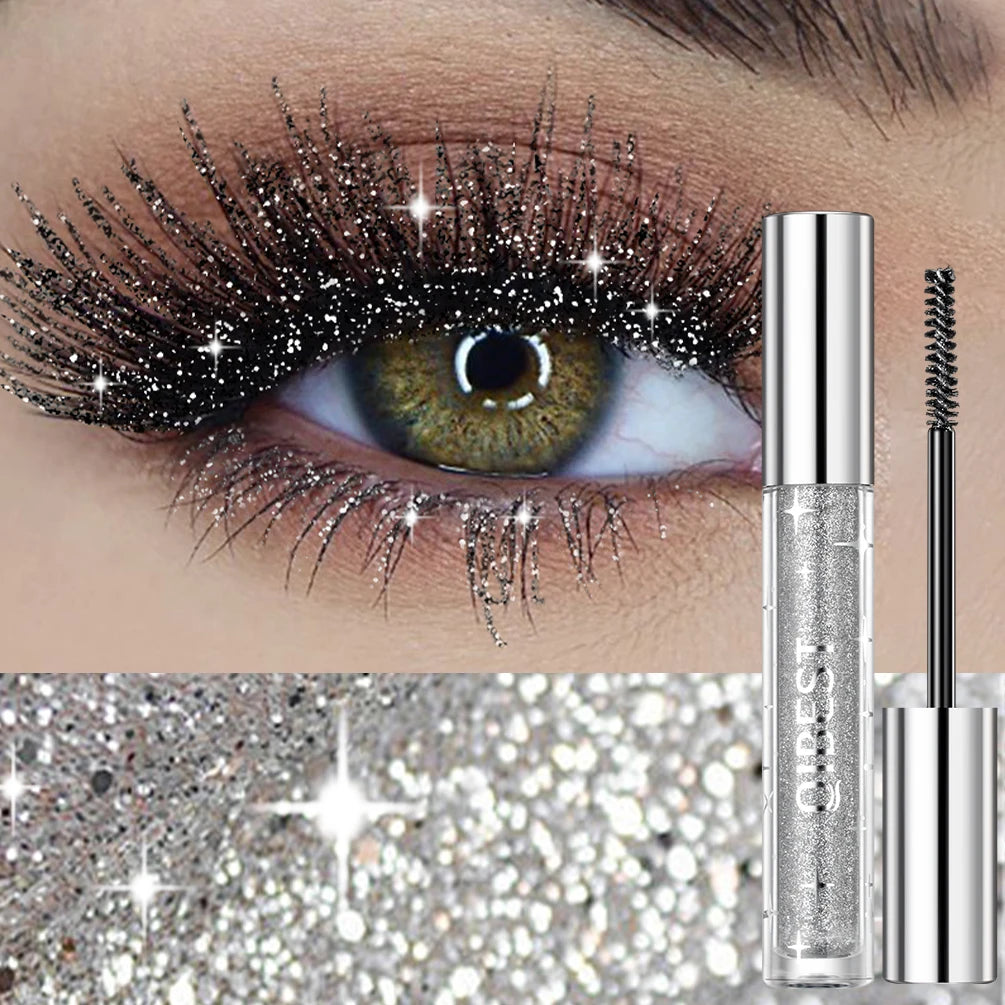 Eyelash with glitter and a mascara tube labeled 'Ciate' on a glittery background