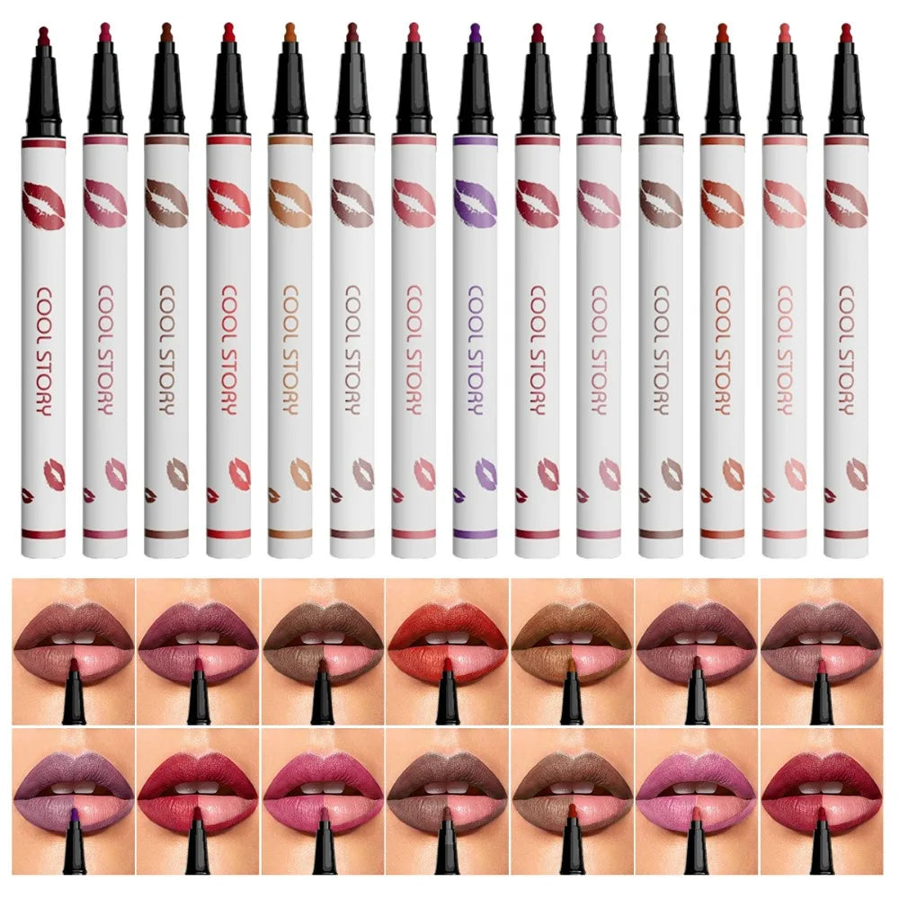 Set of lip liner pencils with color swatches on a white background