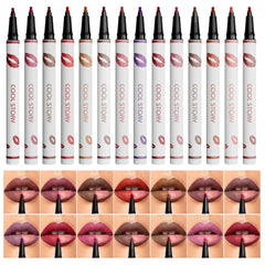 Set of lip liner pencils with color swatches on a white background