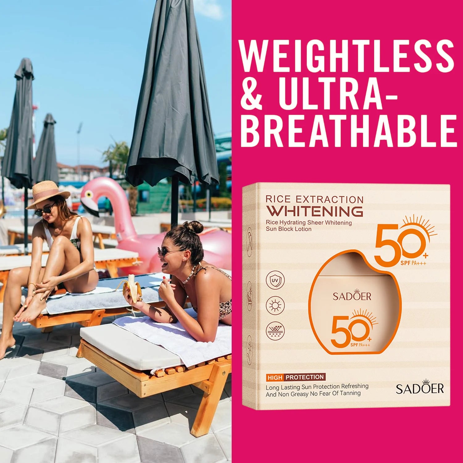 Two women at a beach with a Sadoer sunscreen box on a pink background