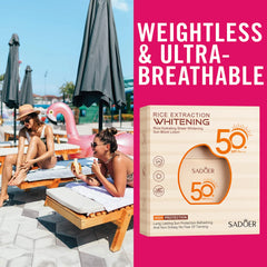 Two women at a beach with a Sadoer sunscreen box on a pink background