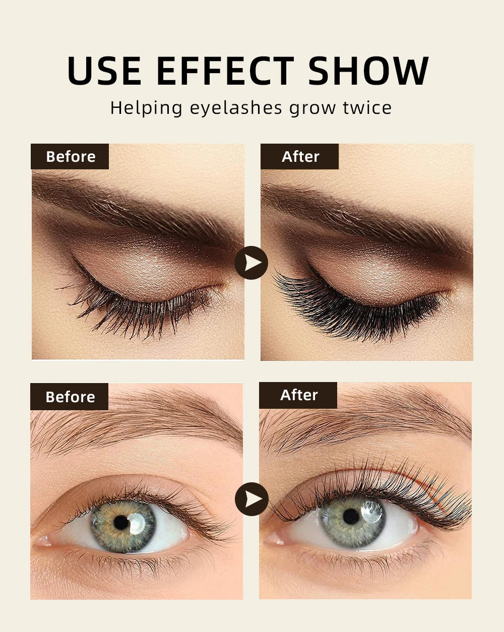 Before and after comparison of eyelashes and eyes with text 'USE EFFECT SHOW' and 'Helping eyelashes grow twice'.