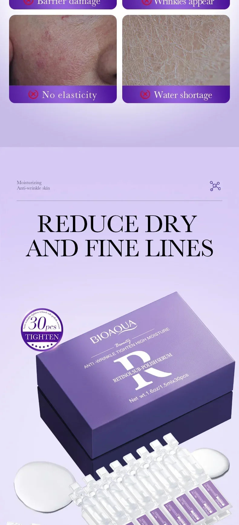Elenaqua skincare product packaging with text on dryness and fine lines.
