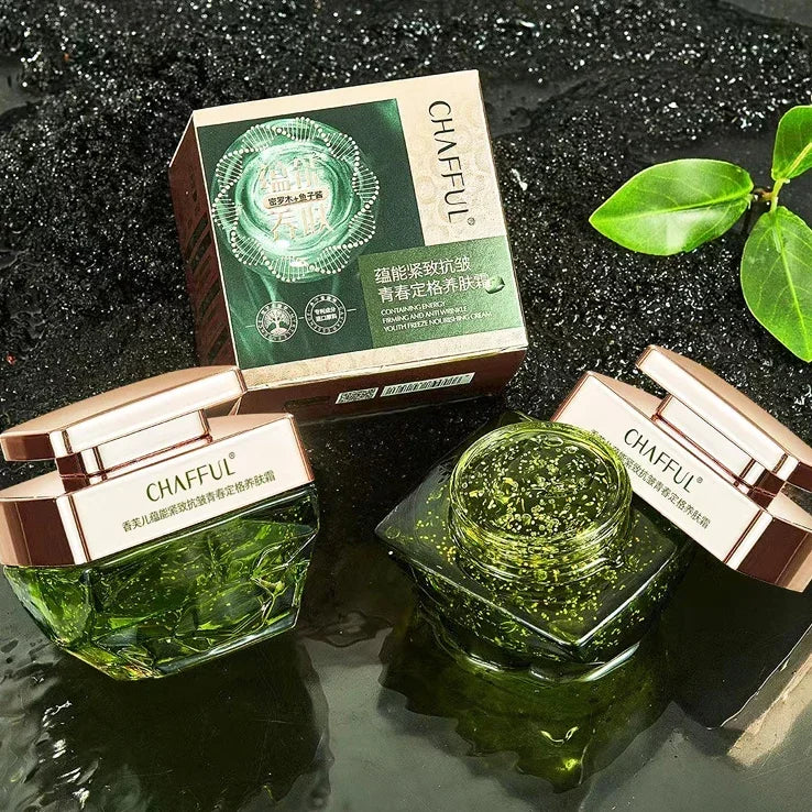 CHAFFUL skincare product with packaging on a dark textured background