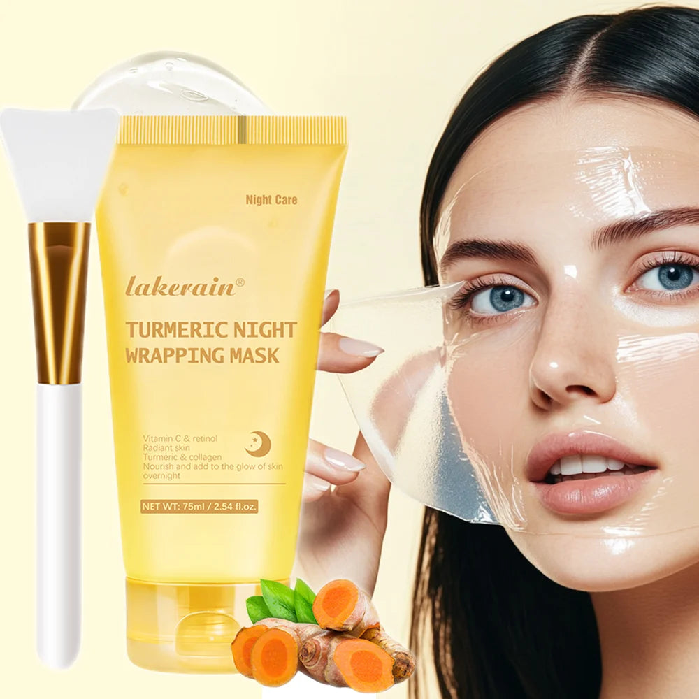 Turmeric night wrapping mask with a woman applying it on her face, on a beige background.