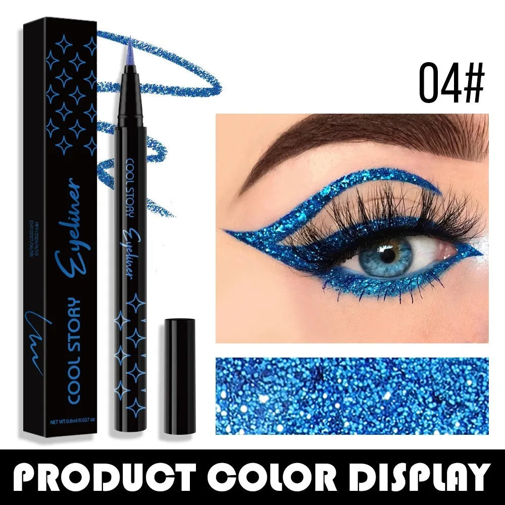 Blue glitter eyeliner with packaging, applicator, and color swatch on a white background