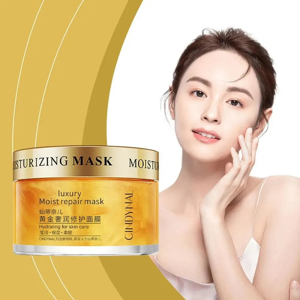 Woman with a luxurious moisturizing mask product on a yellow background