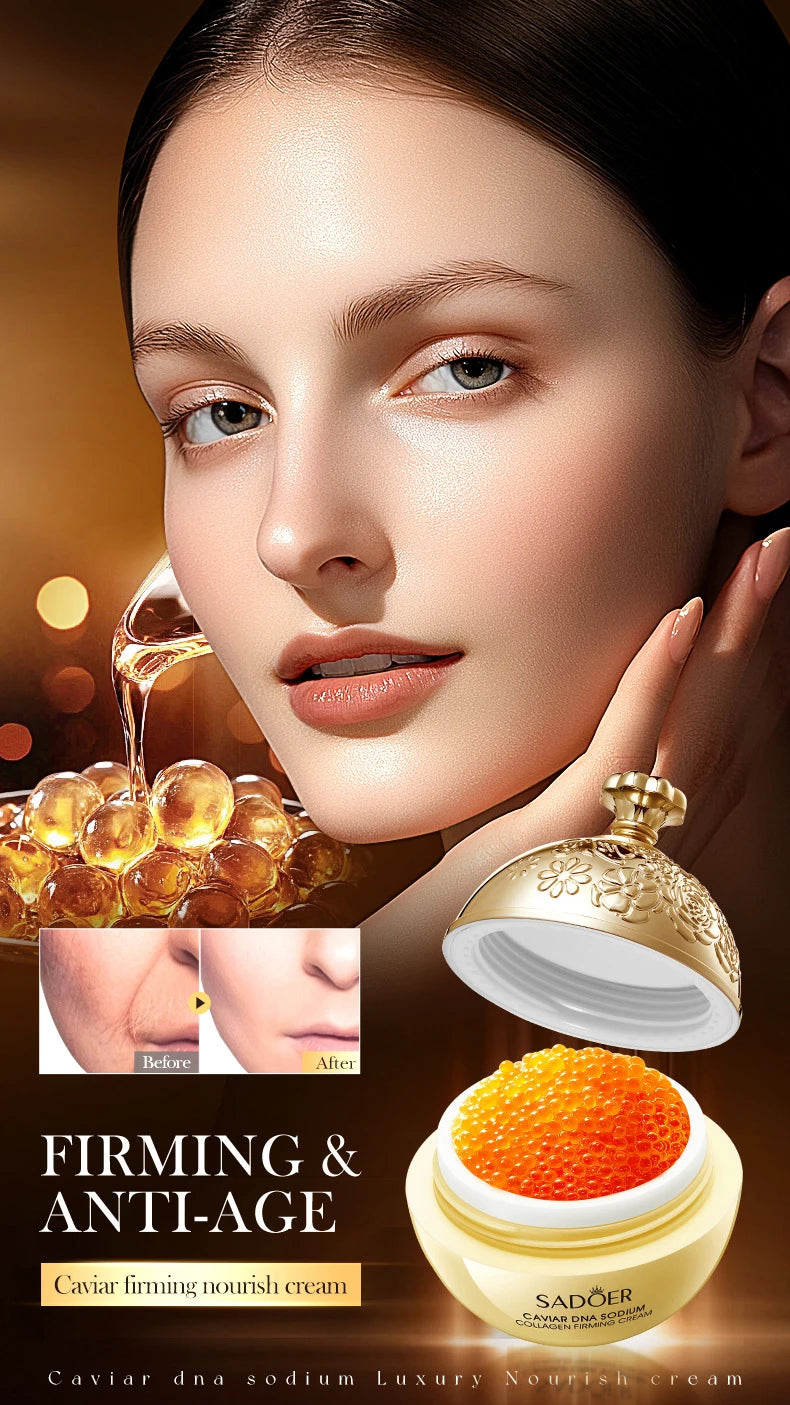 Cosmetic cream with caviar and a woman's face, emphasizing firming and anti-aging effects.