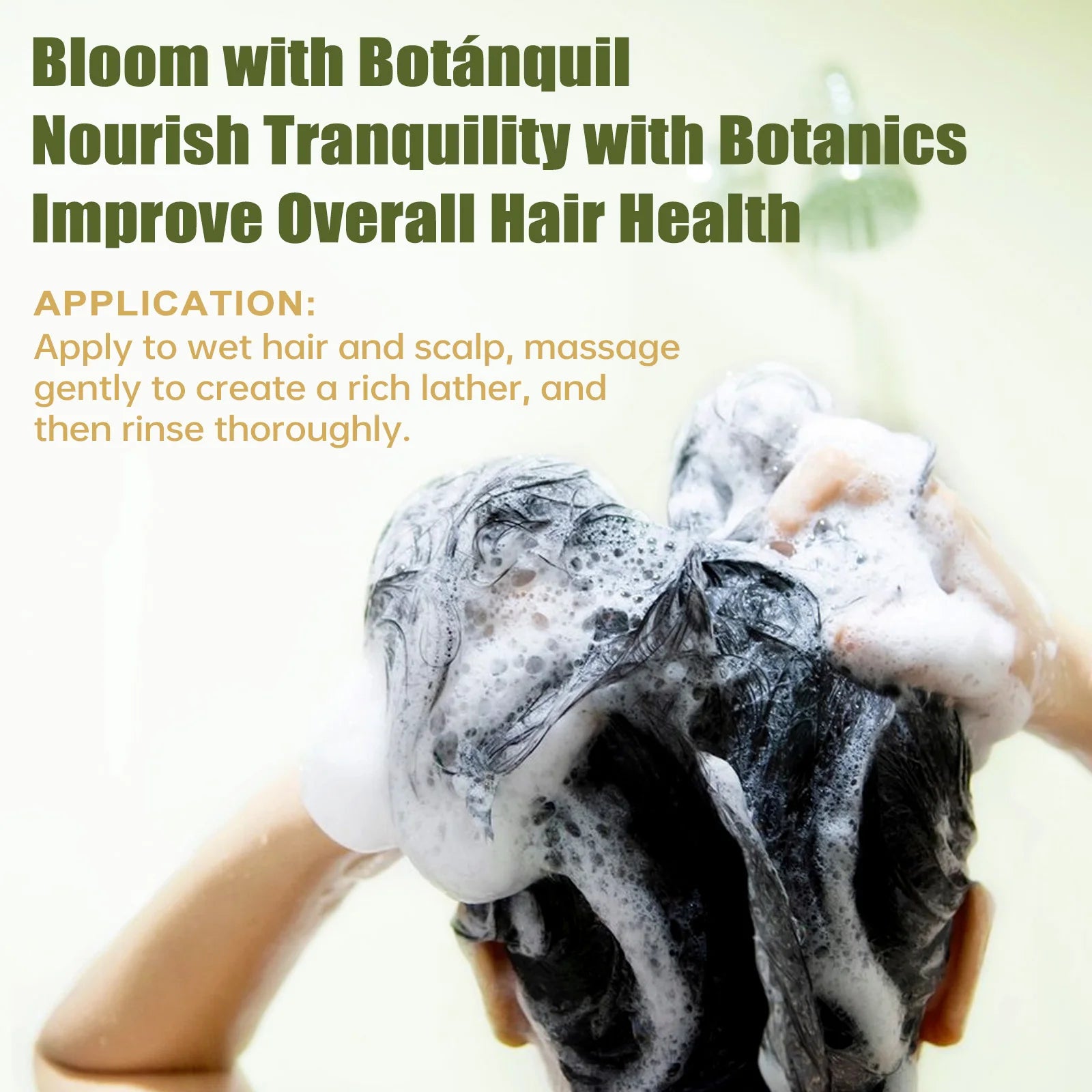Person washing hair with soapy hands and text about Botánquil hair care products.