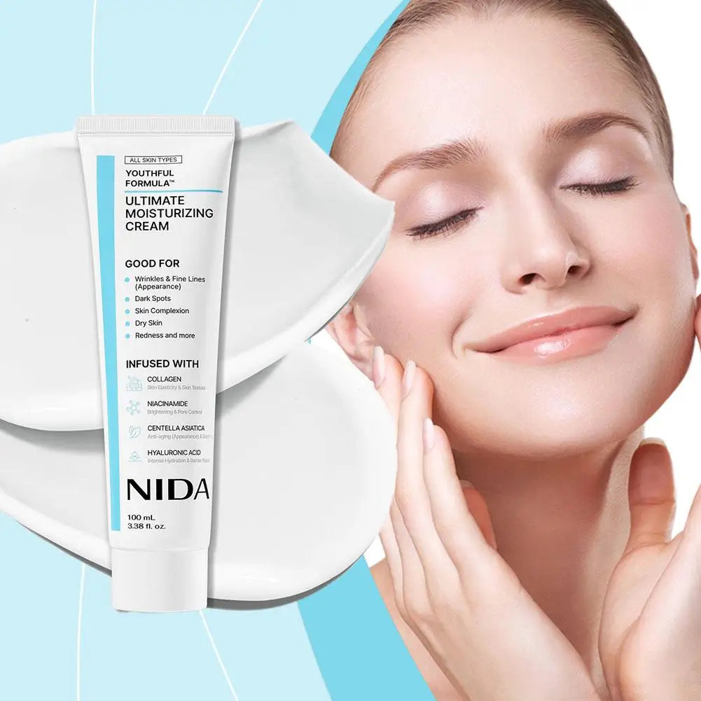 NIDA Ultimate Moisturizing Cream packaging with a woman applying cream to her face on a light blue background