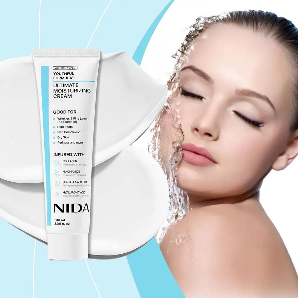 NIDA Ultimate Moisturizing Cream packaging with a woman applying cream to her face on a blue background