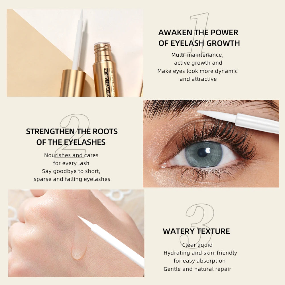 Eyelash growth product with text highlighting benefits on a beige background