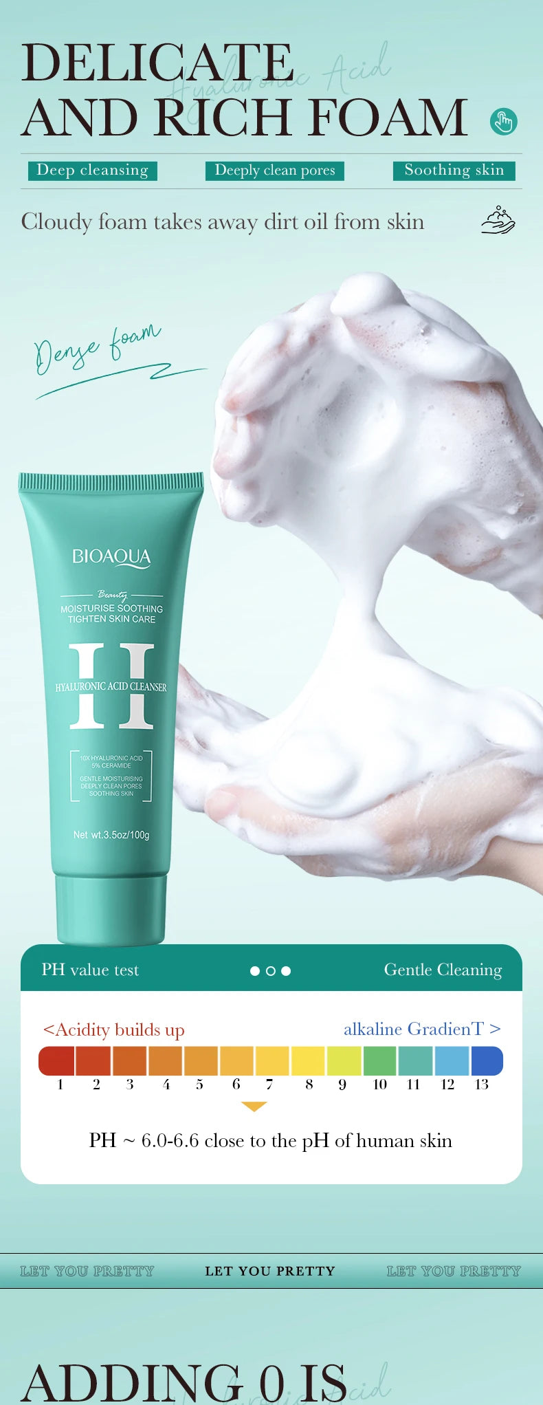 Dermua skincare product with a tube and foaming action, pH scale displayed.
