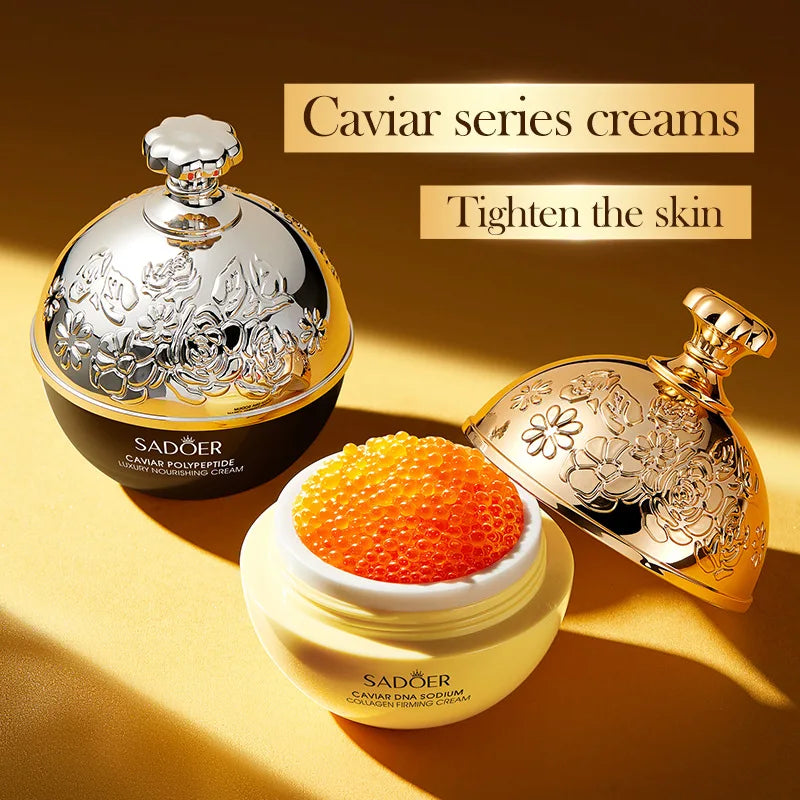 Sadoer caviar series skincare products on a gold background
