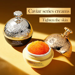 Sadoer caviar series skincare products on a gold background