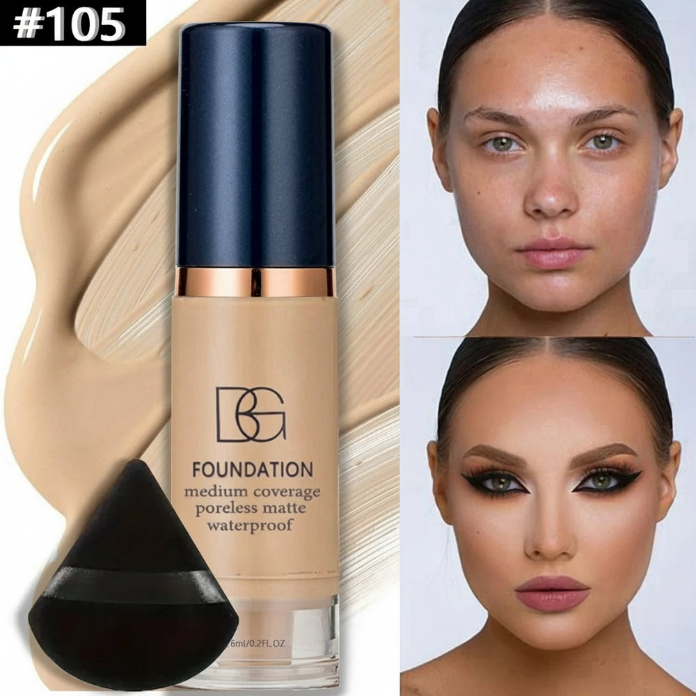 Foundation bottle with applicator and before/after makeup application on a model