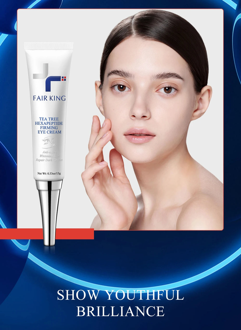 Fair King eye cream with a model's face on a blue and white background