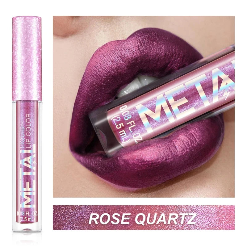 Lipstick with 'META' branding and 'Rose Quartz' color on a close-up of lips.