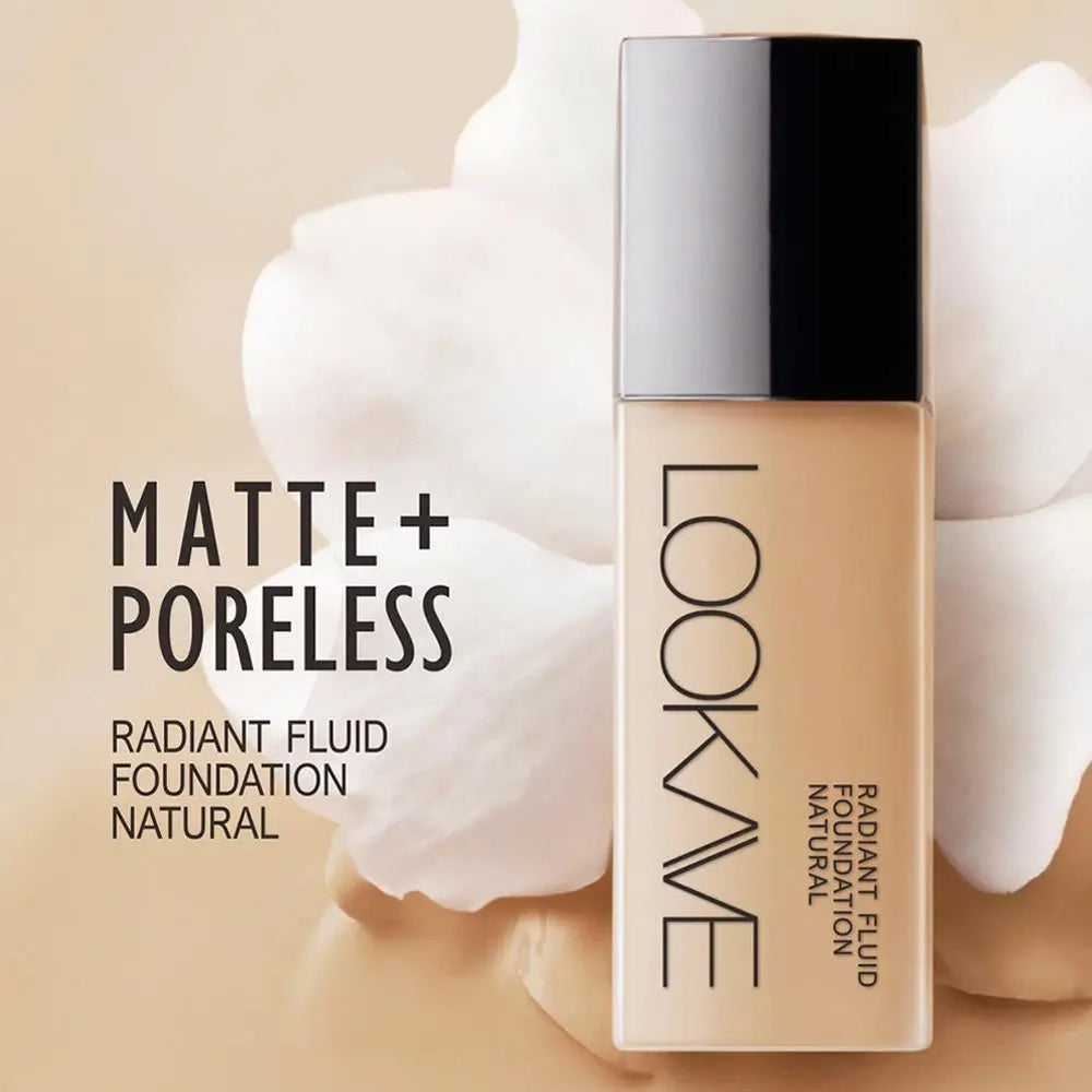 Foundation bottle with applicator and text 'Matte + Poreless' on a beige background