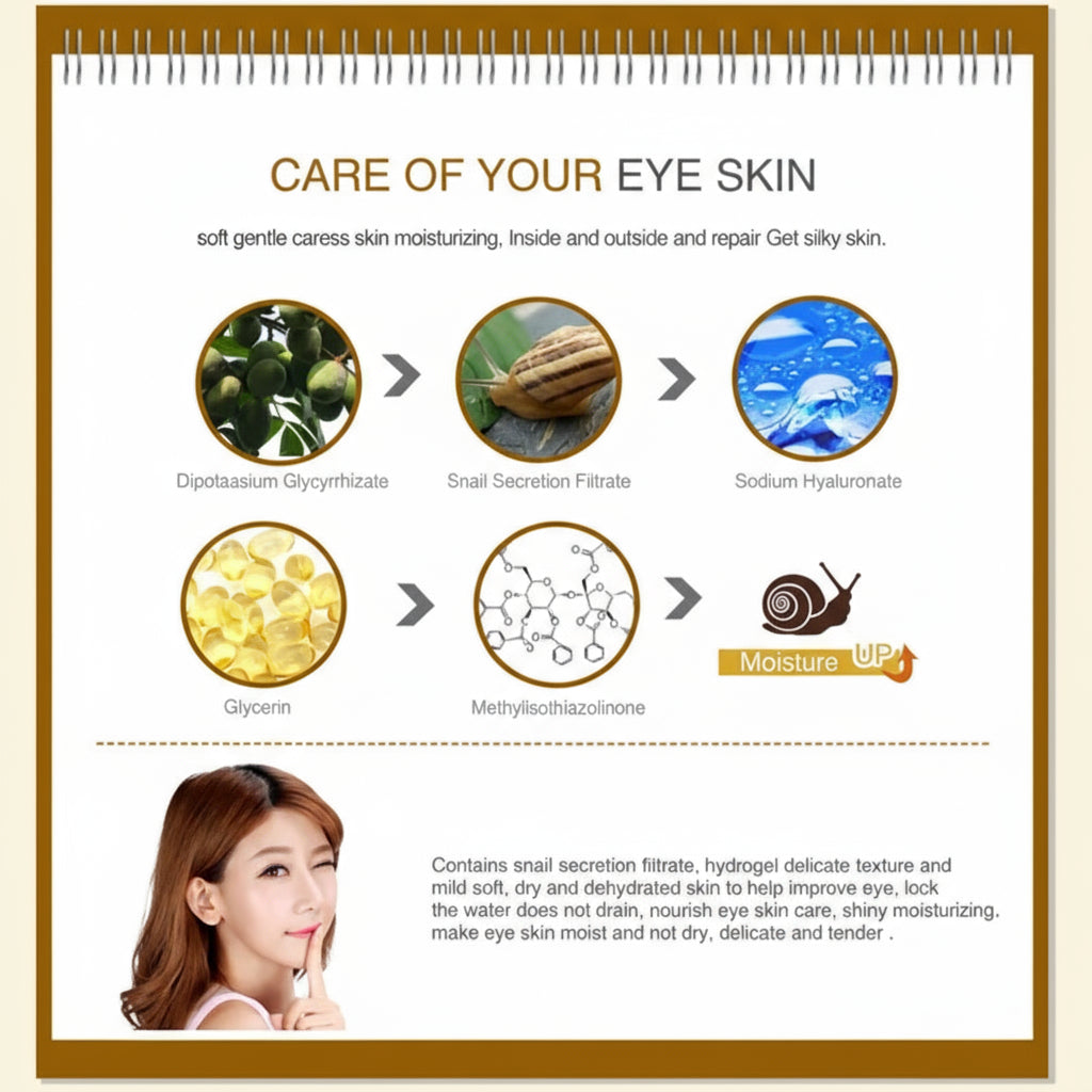 Diagram of eye skin care ingredients with a woman's face at the bottom.