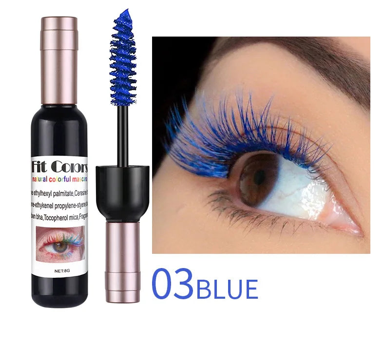 Blue mascara with packaging and an eye wearing the blue mascara.