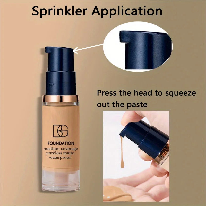 Foundation bottle with sprinkler application feature on a beige background