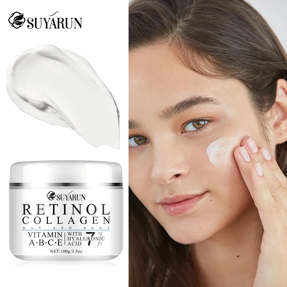 Suyarun Retinol Collagen cream jar with a woman applying it to her face.