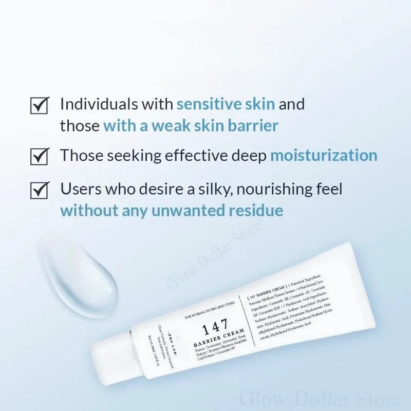 Tube of barrier cream with text highlighting its benefits on a light blue background