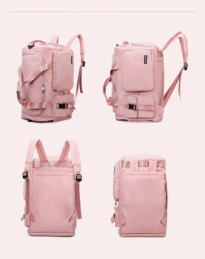 Pink backpack shown from multiple angles on a white background